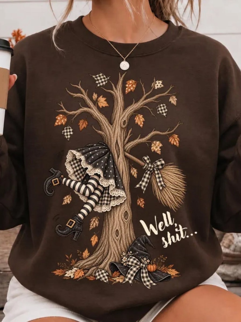 Brown Graphic Sweatshirt with Autumn Witch Tree